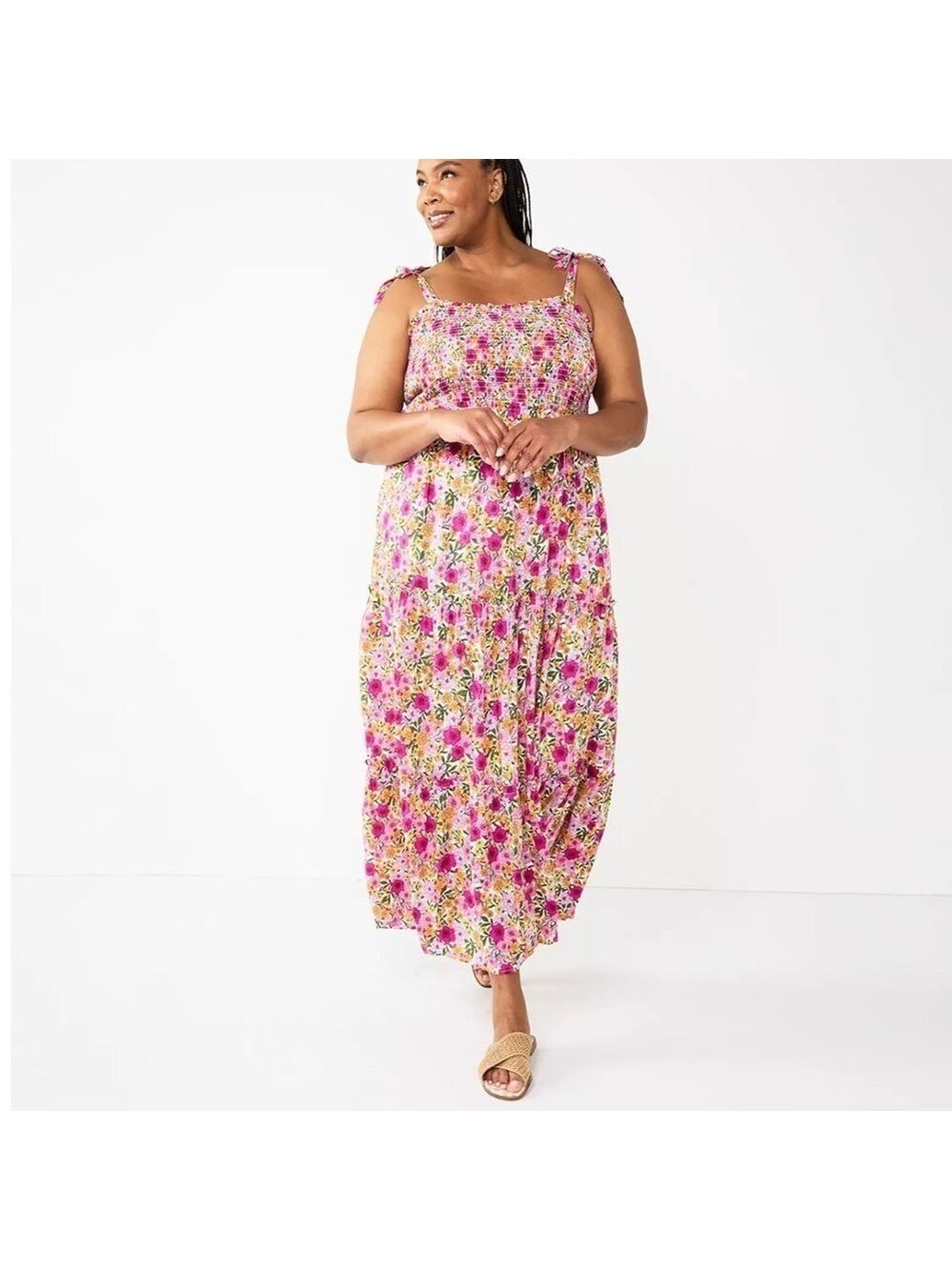 DRAPER JAMES RSVP Floral Tie Strap Ruffled Tiers Smocked Top Maxi Dress XL VGC